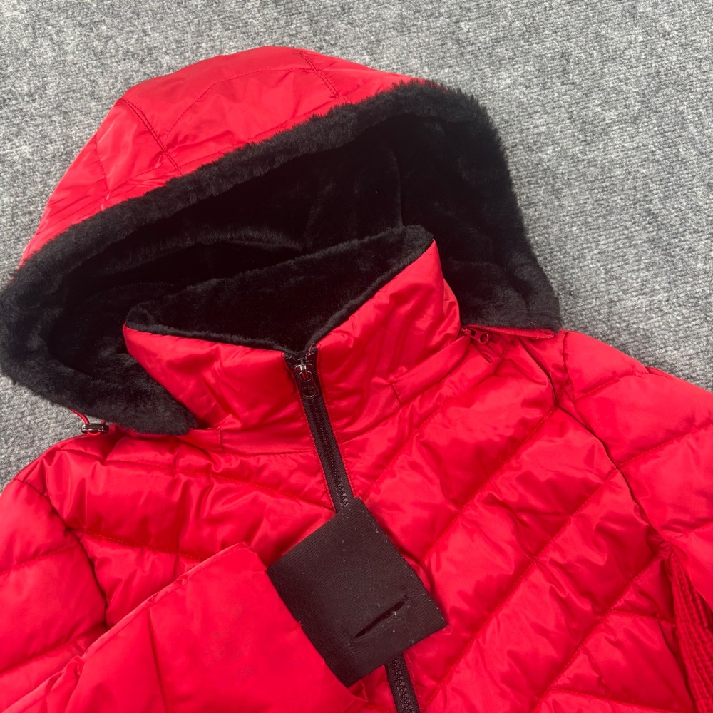 Nautica Puffer Jacket Medium Red Quilted Detachable Hood Water Resistant Women